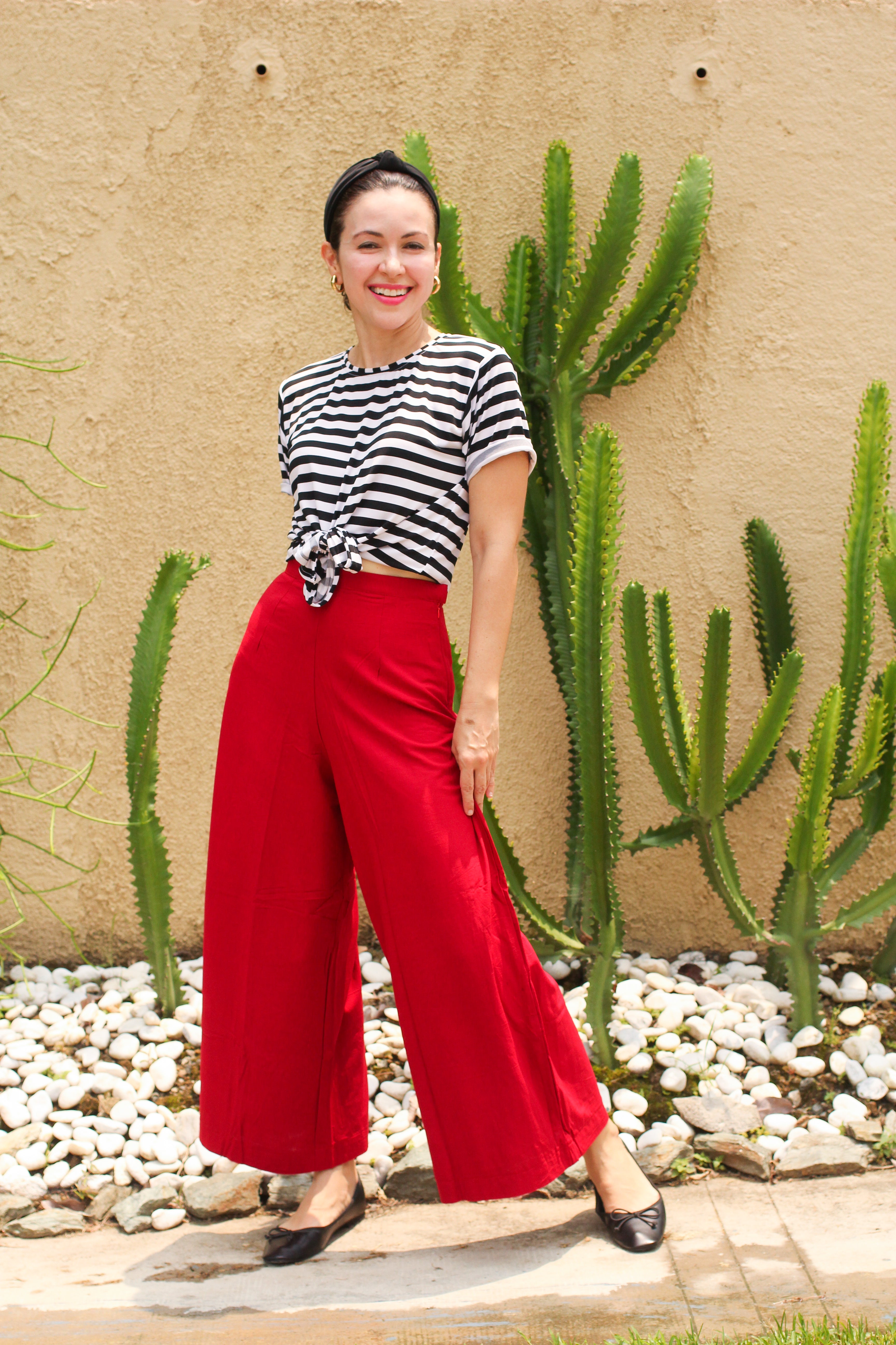 White Shirt High Waisted Red Pants Outfit Lina Wide-Leg Pants In
