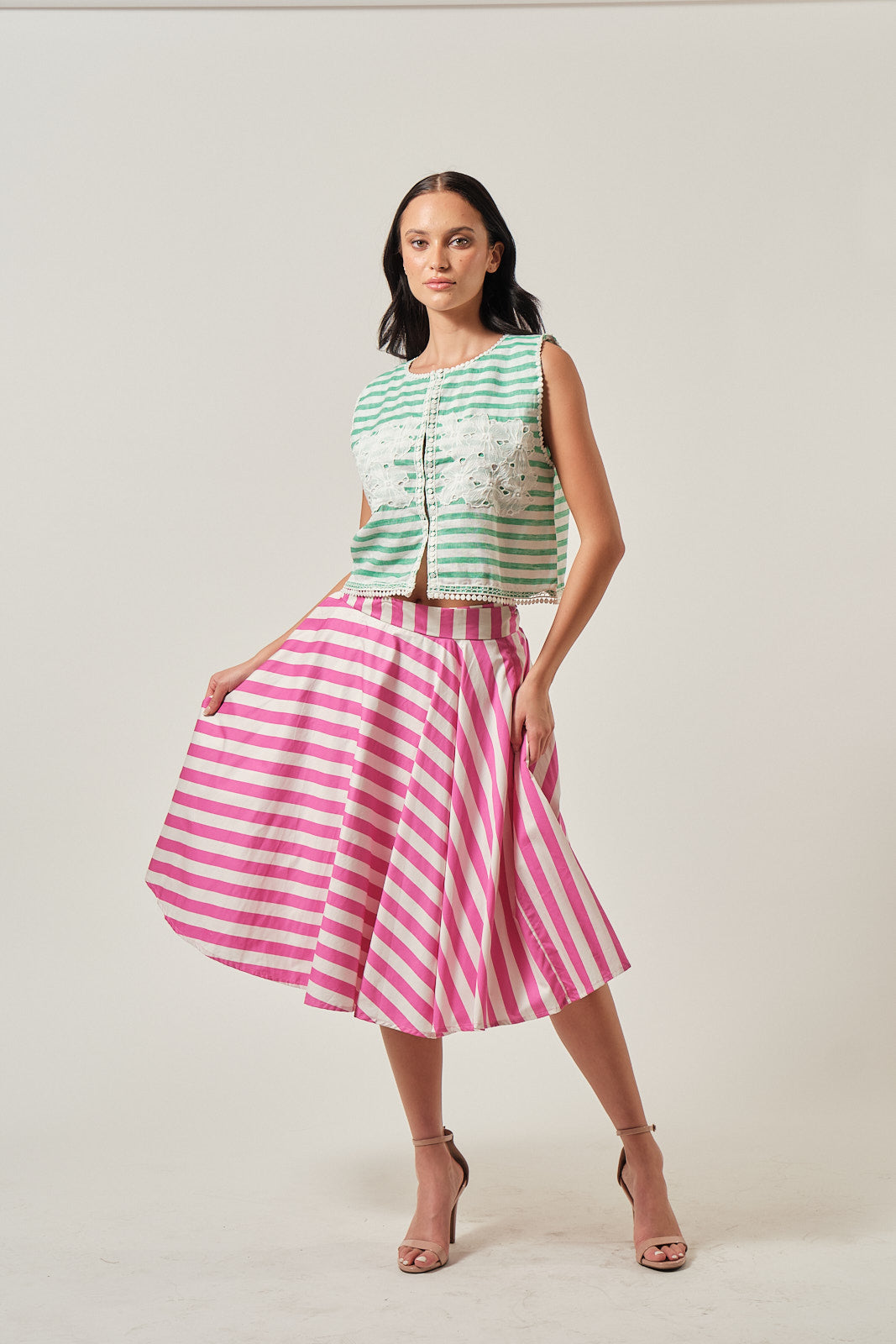 新品stina ribbon wrap skirt ダスティピンク　スティナ Chiquita Pink Stripes Wrap Skirt – Florence Fling